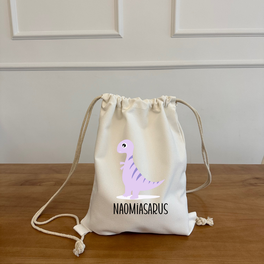 White Cotton Drawstring Backpack - Dinosaur