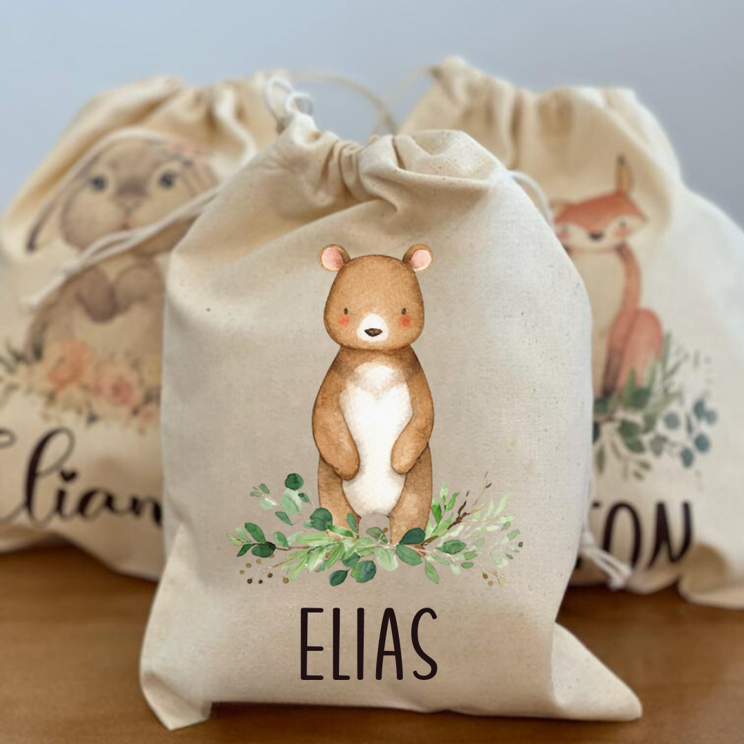 Natural Cotton Drawstring Pouch - Woodland Animals Collection