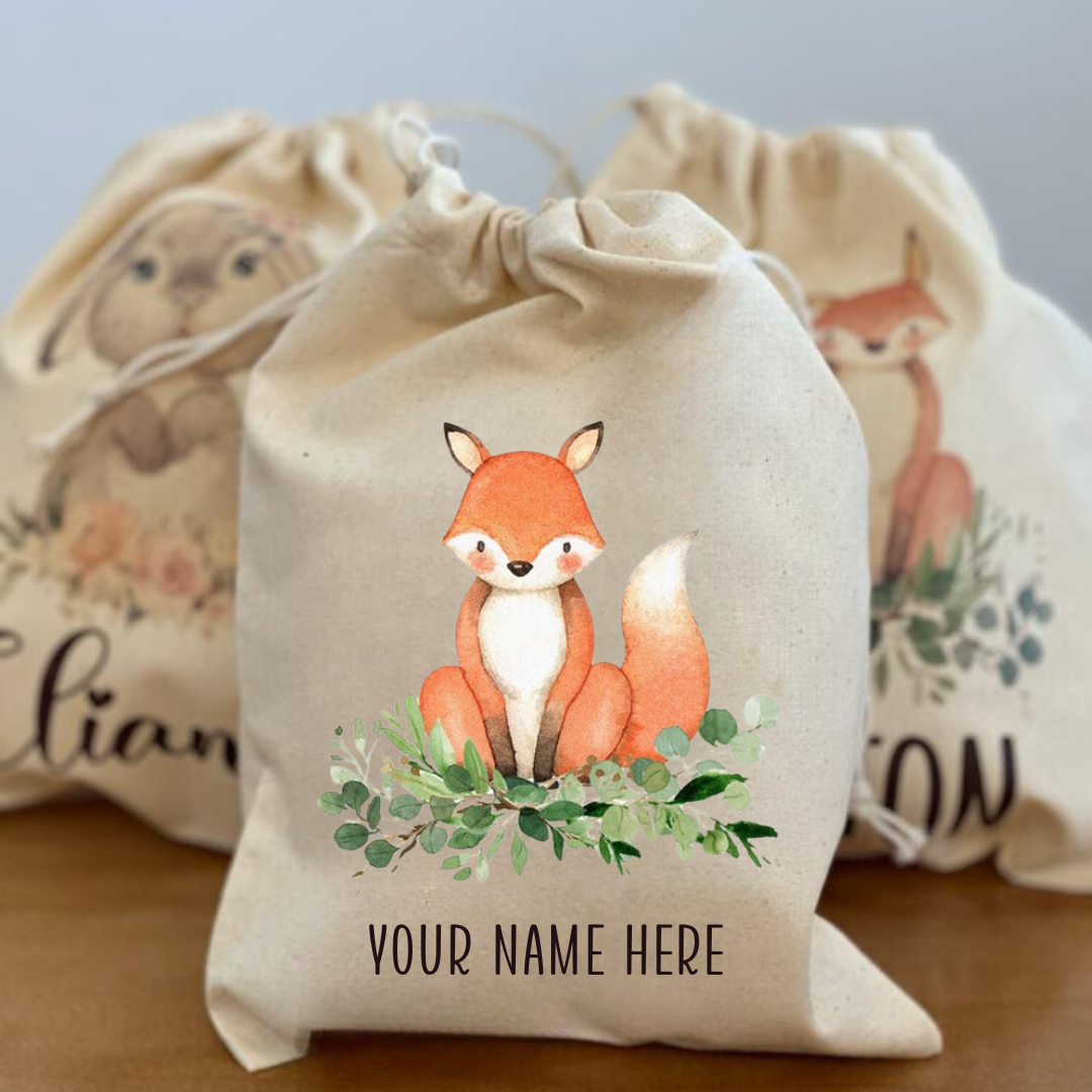 Natural Cotton Drawstring Pouch - Woodland Animals Collection