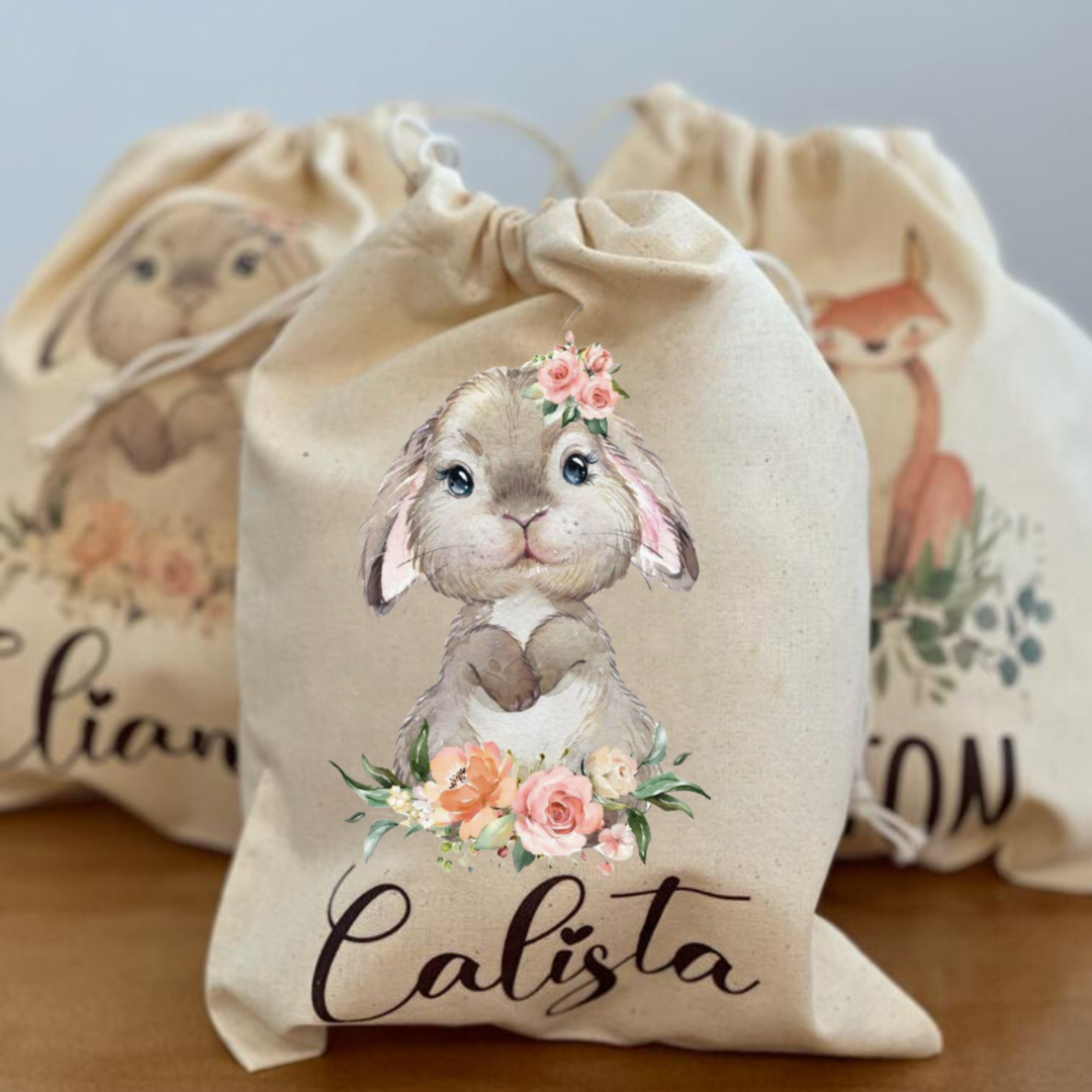 Natural Cotton Drawstring Pouch - Woodland Animals Collection