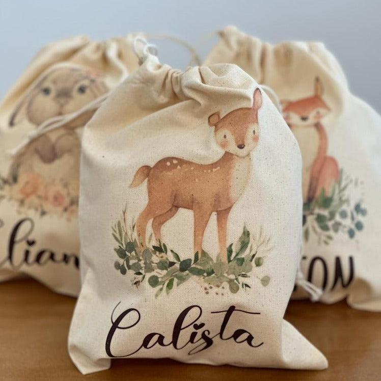 Natural Cotton Drawstring Pouch - Woodland Animals Collection