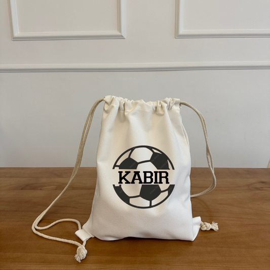 White Cotton Drawstring Backpack - Football