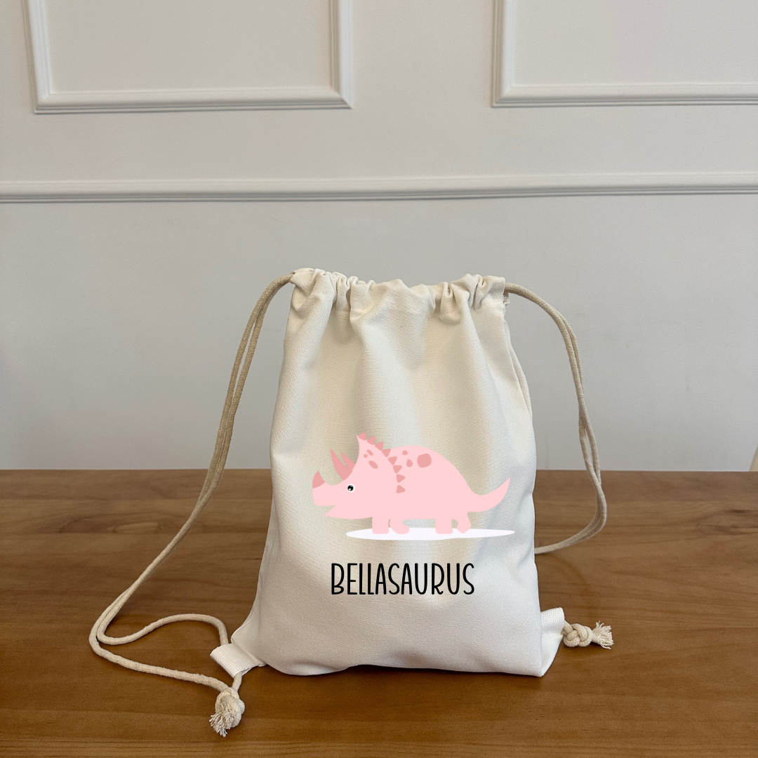 White Cotton Drawstring Backpack - Dinosaur