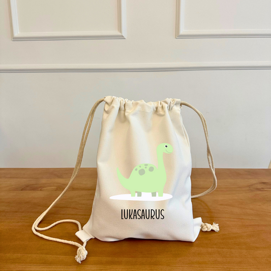 White Cotton Drawstring Backpack - Dinosaur