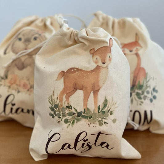 Natural Cotton Drawstring Pouch - Woodland Animals Collection