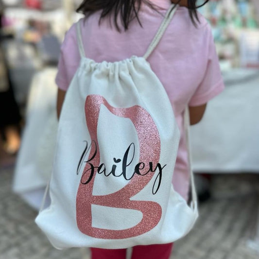 White Cotton Drawstring Backpack - Name and Initial